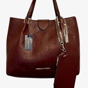 NWT.. Adrienne Vittadini Marseille Wine Leather Embossed Tote & Pouch MSRP $210